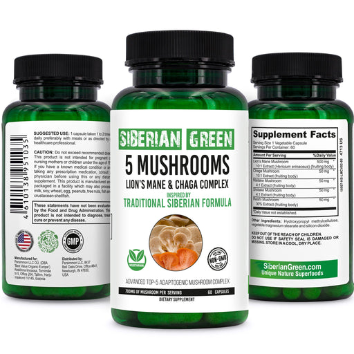 SiberianGreen.com Siberian Green 5 Mushrooms Complex- 60 Vegan Capsules Herbs White Smoke