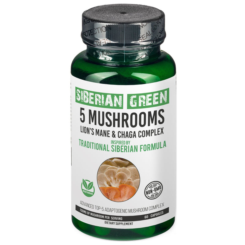 SiberianGreen.com Siberian Green 5 Mushrooms Complex- 60 Vegan Capsules Herbs Light Gray