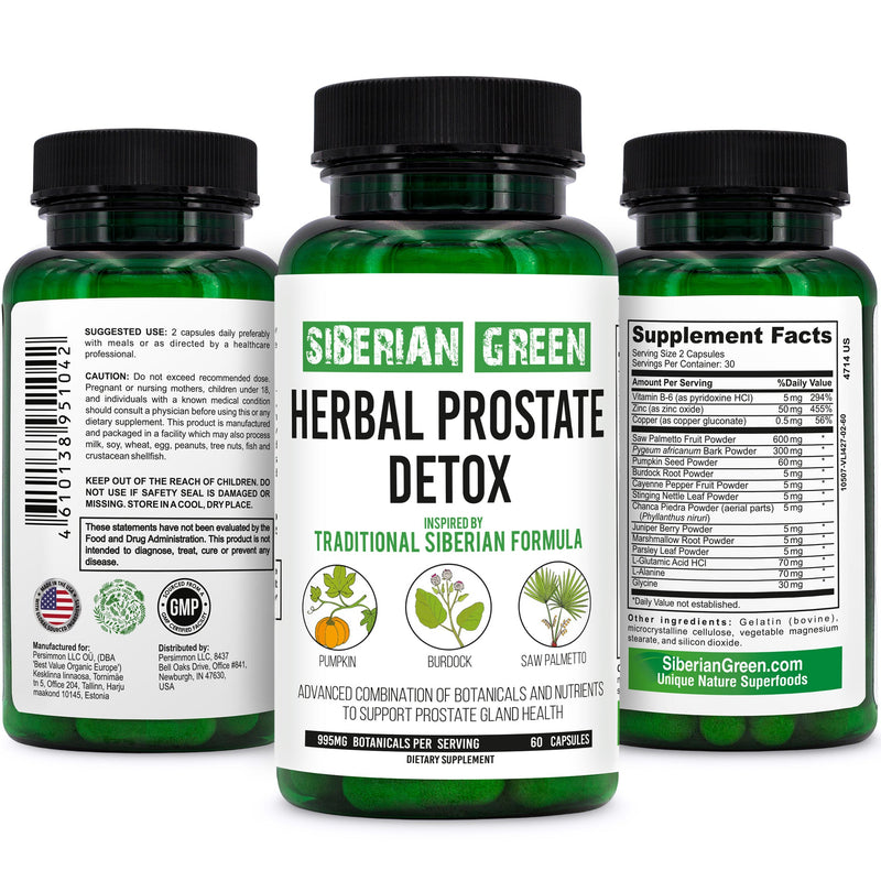 SiberianGreen.com Herbal Prostate Detox Siberian Green 60 Caps – Saw Palmetto Burdock Pumpkin Herbs White Smoke