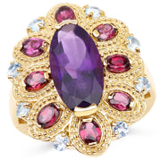 Bids.com 14K Yellow Gold Plated 6.80 Carat Genuine Amethyst, Rhodolite & Blue Topaz .925 Sterling Silver Ring Rings White Smoke size 5.00,size 6.00,size 7.00,size 8.00,size 9.00