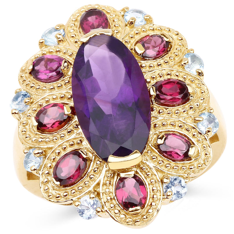 Bids.com 14K Yellow Gold Plated 6.80 Carat Genuine Amethyst, Rhodolite & Blue Topaz .925 Sterling Silver Ring Rings White Smoke size 5.00,size 6.00,size 7.00,size 8.00,size 9.00