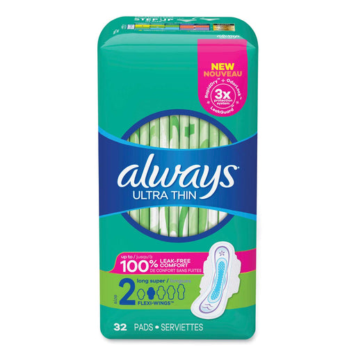 Always Always Ultra Thin Pads With Wings, Size 2, Long, Super Absorbent, 32/Pack, 3 Packs/Carton Feminine Pads & Protectors Light Sea Green