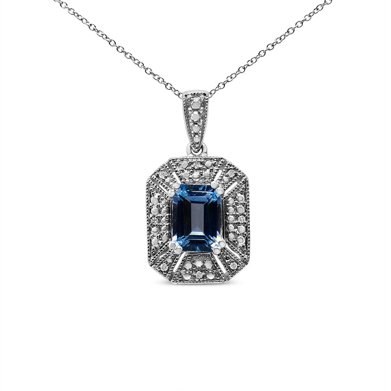 Bids.com .925 Sterling Silver Blue Topaz and Diamond Accent Art Deco Style 18" Pendant Necklace (I-J Color, I1-I2 Clarity) Necklaces White Smoke White.Sterling Silver / 18
