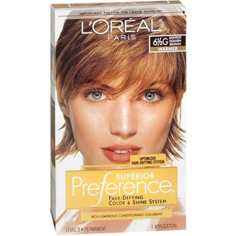 Superior Preference Superior Preference L'oreal Paris 6½g Lightest Golden Brown Warmer Level 3 Permanent Fade-Defying Color + Shine System Hair Color Light Goldenrod