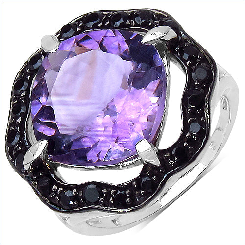 Bids.com 6.09 Carat Genuine Amethyst & Black Spinel .925 Sterling Silver Ring Rings White Smoke size 7.00,size 6.00,size 8.00,size 9.00