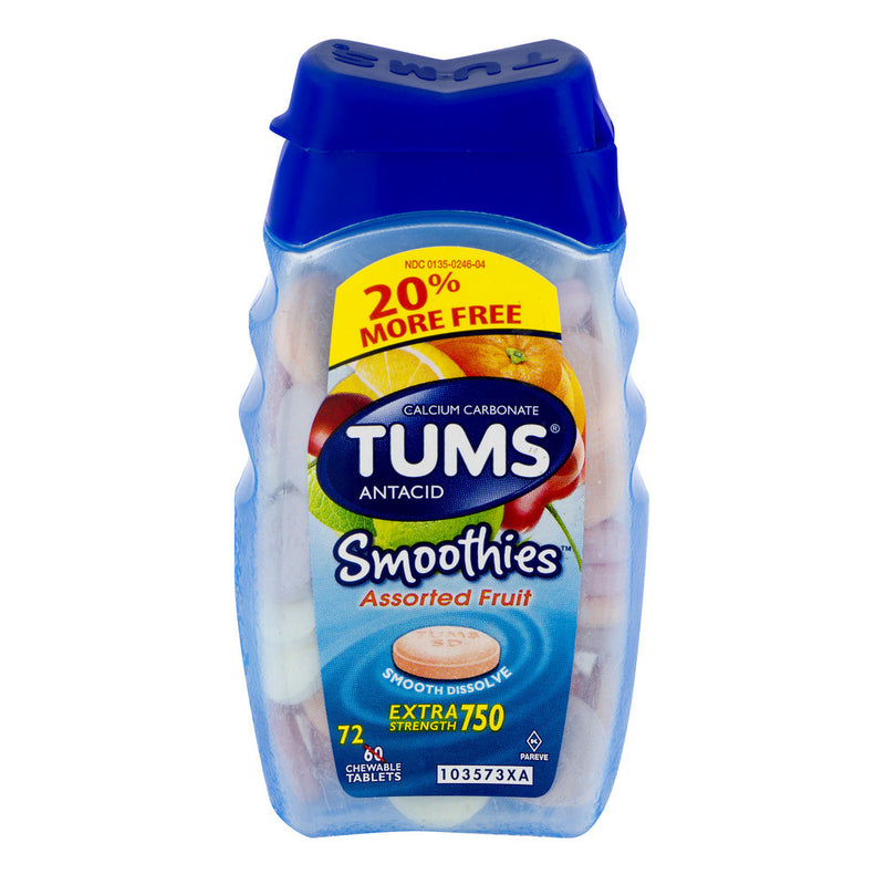 Tums Tums Antacid/Calcium Supplement, Extra Strength 750, Assorted Fruit, Chewable Tablets, Bonus Vitamins & Supplements White Smoke