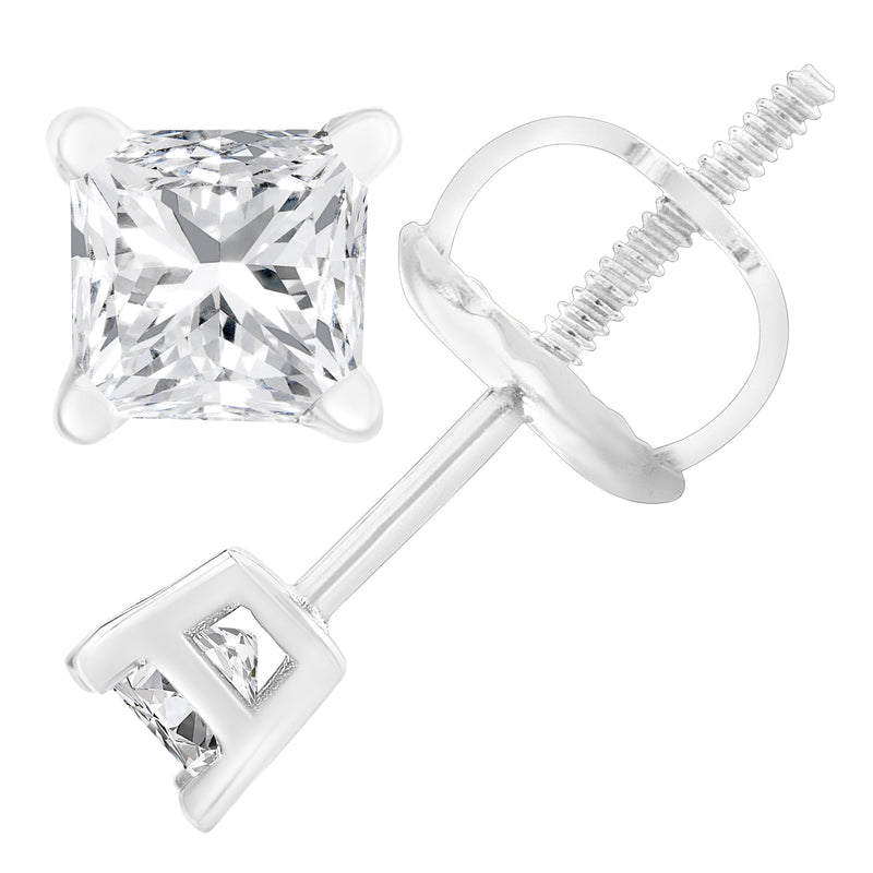 Bids.com AGS Certified 18K White Gold 1.0 Cttw 4-Prong Set Princess-Cut Solitaire Diamond Screw Back Stud Earrings (E-F Color, SI2-I1 Clarity) Earrings White Smoke White.Gold / 1