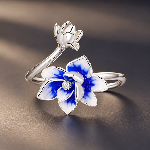 Bids.com 925 Sterling Silver Enamel Flower Ring Rings Dark Slate Gray