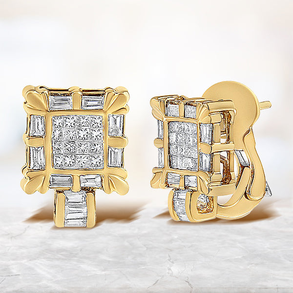 Bids.com 14K Yellow Gold 7/8 Cttw Princess and Baguette-Cut Diamond Square Framed Huggie Hoop Omega Earrings (H-I Color, SI1-SI2 Clarity) Earrings Lavender Yellow.Gold / 0.93