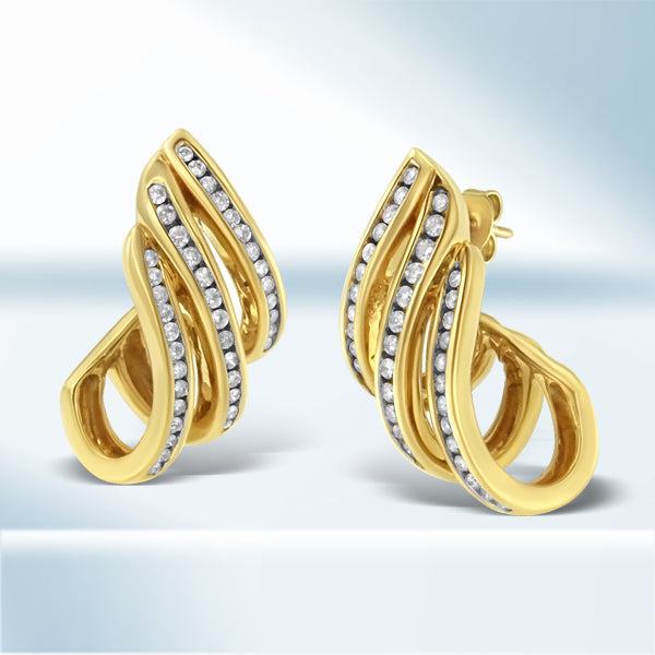Bids.com 10K Yellow Gold 1.0 Cttw Round Brilliant Cut Diamond Spiral Multi Row Channel Set Open Hoop Pushback Stud Earrings (H-I Color, I1-I2 Clarity) Earrings White Smoke Yellow.Gold / 1