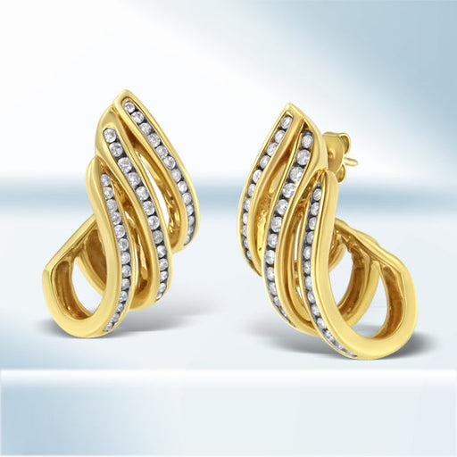 Bids.com 10K Yellow Gold 1.0 Cttw Round Brilliant Cut Diamond Spiral Multi Row Channel Set Open Hoop Pushback Stud Earrings (H-I Color, I1-I2 Clarity) Earrings White Smoke Yellow.Gold / 1