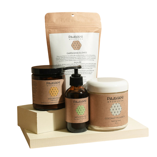 Paavani Ayurveda Bath Stack | Ayurvedic Self-Care Ritual for Body, Mind, Spirit & Skin simple White Smoke Vata - for dry skin / Small/Medium / Glass Jar,Vata - for dry skin / Small/Medium / Compostable Refill,Vata - for dry skin / Large / Glass Jar,Vata - for dry skin / Large / Compostable Refill,Pitta - for sensitive skin / Small/Medium / Glass Jar,Pitta - f