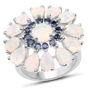 Bids.com 3.98 Carat Genuine Ethiopian Opal and Blue Sapphire .925 Sterling Silver Ring Rings White Smoke size 6.00,size 7.00,size 8.00