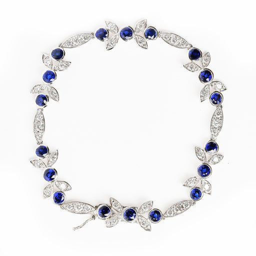 Bids.com 18K White Gold 1 3/4 Cttw Diamond and 3x3mm Round Blue Sapphire Gemstone Floral Link Bracelet (G-H Color, SI1-SI2 Clarity) - Size 7" Bracelets White Smoke White.Gold / 7