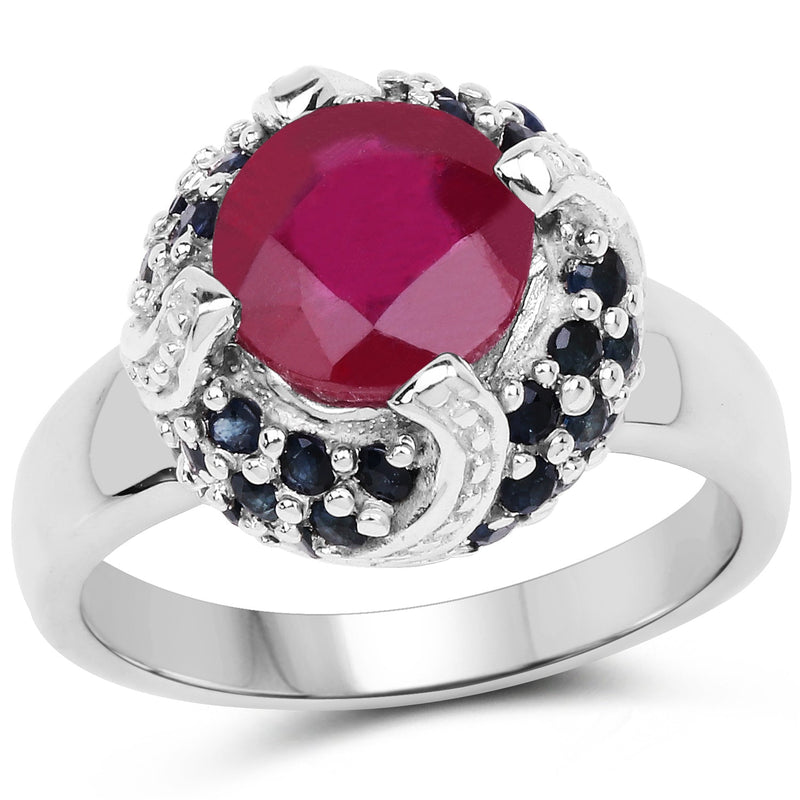 Bids.com 3.70 Carat Glass Filled Ruby and Blue Sapphire .925 Sterling Silver Ring Rings White Smoke size 6.00,size 7.00,size 8.00,size 9.00