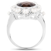 Bids.com 5.75 Carat Genuine Smoky Quartz and Pearl .925 Sterling Silver Ring Rings White Smoke size 7.00,size 6.00,size 8.00,size 9.00