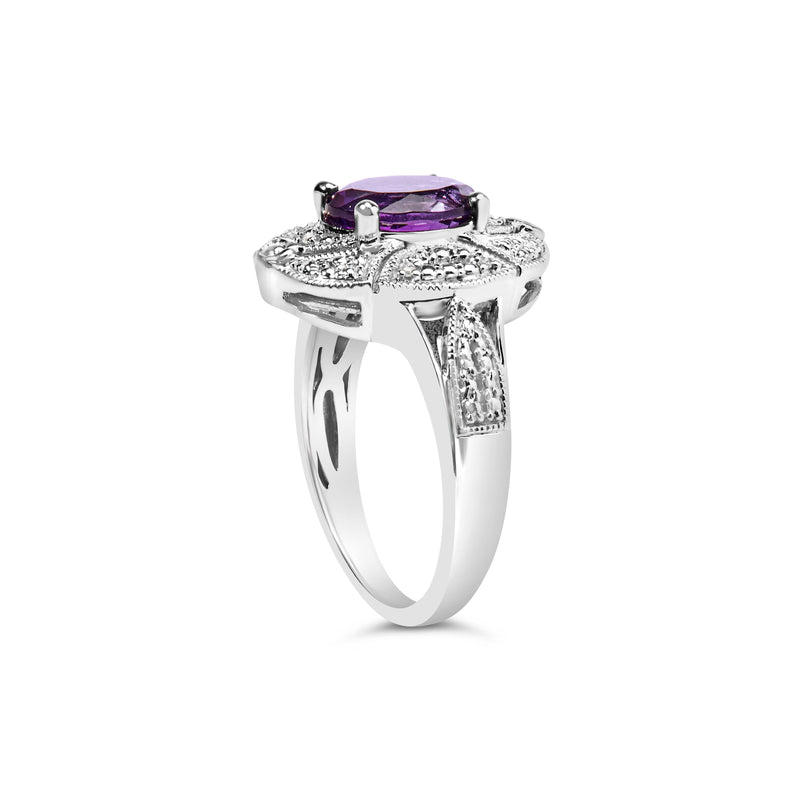 Bids.com .925 Sterling Silver 9x7mm Oval Purple Amethyst and Diamond Accent Art Deco Style Cocktail Ring (I-J Color, I1-I2 Clarity) - Size 6 Rings White Smoke 6 / White.Sterling Silver,7 / White.Sterling Silver,5 / White.Sterling Silver