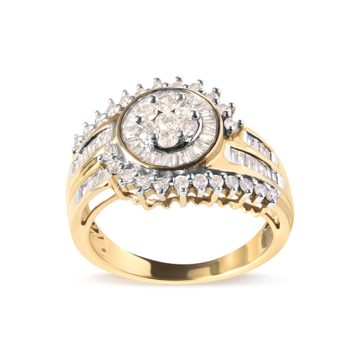 Bids.com 10K Yellow Gold 1 Cttw Round and Baguette cut Diamond Cluster Swirl Band Ring (H-I Color, I1-I2 Clarity) - Ring Size 7 Rings White Smoke 7 / Yellow.Gold