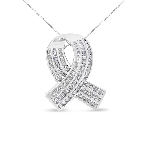 Bids.com 14K White Gold 2 5/8 Cttw Channel Set Round and Baguette Diamond Awareness Ribbon Pendant (H-I Color, I1-I2 Clarity) - Chain Not Included Necklaces White Smoke White.Gold / 18