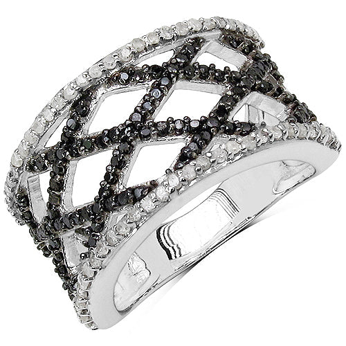 Bids.com 0.92 Carat Genuine Black Diamond & White Diamond .925 Sterling Silver Ring Rings White Smoke size 6.00,size 7.00,size 8.00,size 9.00