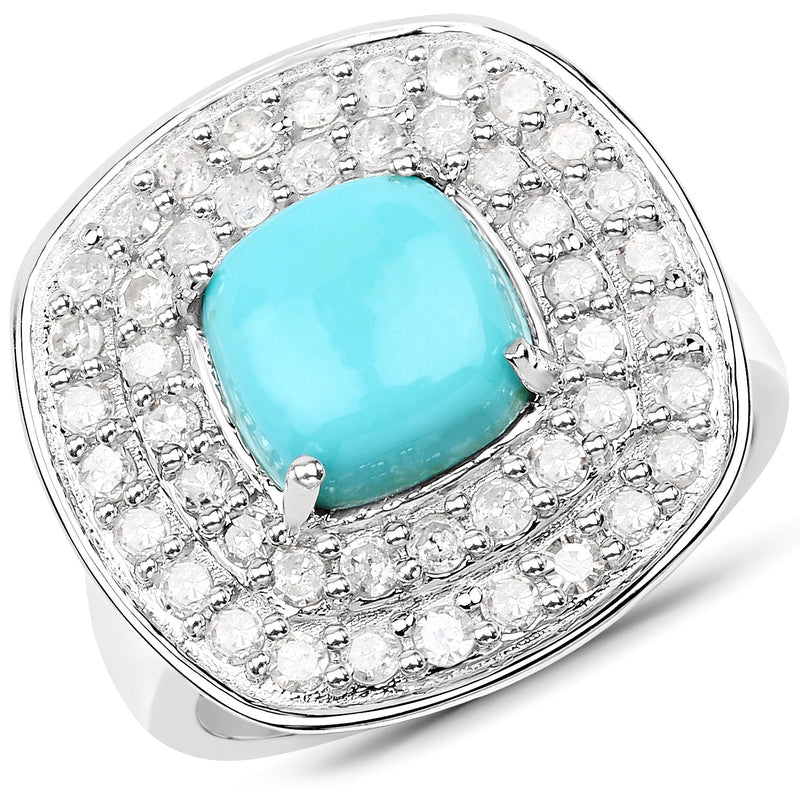 Bids.com 2.80 Carat Genuine Turquoise and White Diamond .925 Sterling Silver Ring Rings White Smoke size 7.00,size 5.00,size 6.00,size 8.00,size 9.00