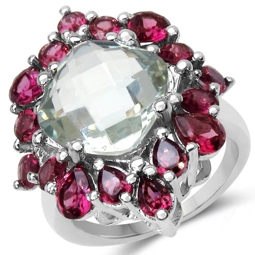 Bids.com 8.61 Carat Genuine Green Amethyst & Rhodolite .925 Sterling Silver Ring Rings White Smoke size 6.00,size 7.00,size 8.00,size 9.00,size 5.00,size 10.00
