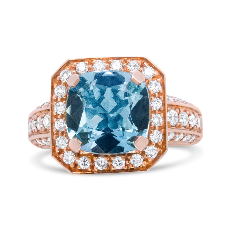 Bids.com 18K Rose Gold 10x10mm Cushion Shaped Aquamarine and 1 1/8 Cttw Round Diamond Halo Ring (F-G Color, VS1-VS2 Clarity) - Ring Size 6.5 Rings White Smoke 6.5 / Yellow.Gold