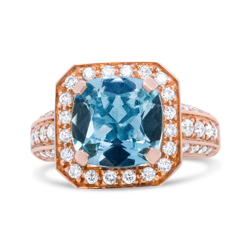 Bids.com 18K Rose Gold 10x10mm Cushion Shaped Aquamarine and 1 1/8 Cttw Round Diamond Halo Ring (F-G Color, VS1-VS2 Clarity) - Ring Size 6.5 Rings White Smoke 6.5 / Yellow.Gold