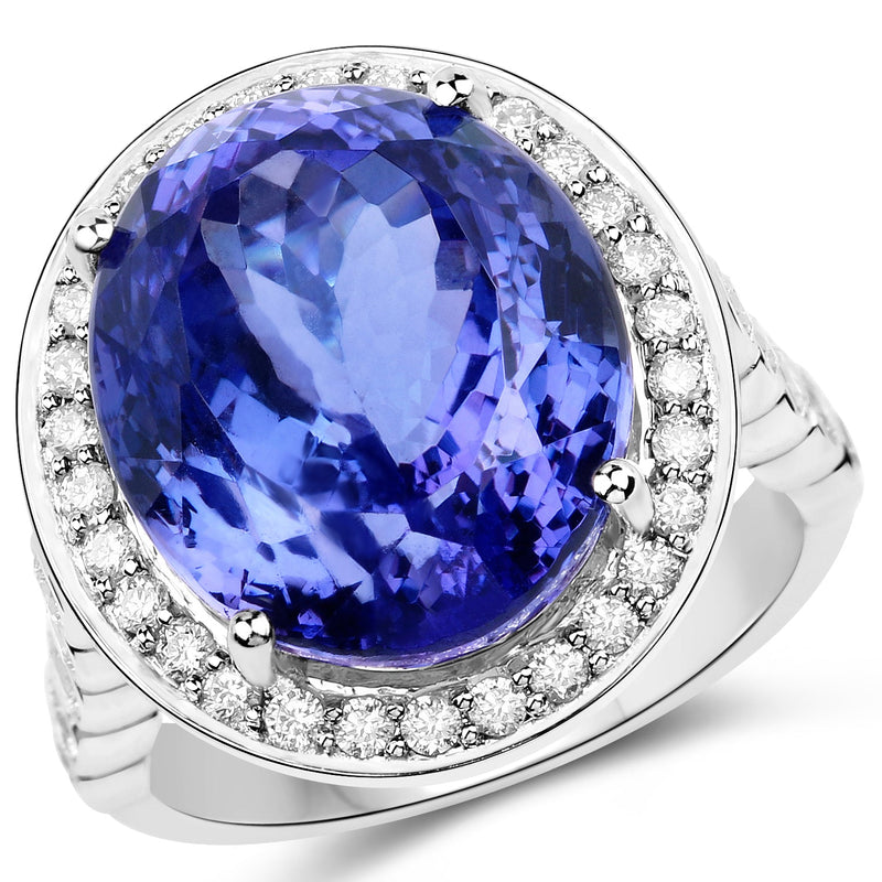 Bids.com 18.50 Carat Genuine Tanzanite and White Diamond 18K White Gold Ring Rings White Smoke size 8.00,size 6.00,size 7.00