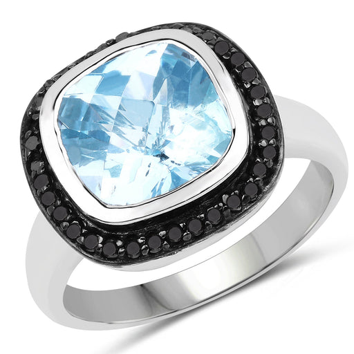 Bids.com 5.23 Carat Genuine Baby Swiss Blue Topaz and Black Diamond .925 Sterling Silver Ring Rings White Smoke size 6.00,size 7.00,size 8.00,size 9.00