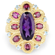 Bids.com 14K Yellow Gold Plated 6.80 Carat Genuine Amethyst, Rhodolite & Blue Topaz .925 Sterling Silver Ring Rings White Smoke size 5.00,size 6.00,size 7.00,size 8.00,size 9.00