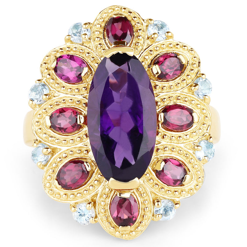 Bids.com 14K Yellow Gold Plated 6.80 Carat Genuine Amethyst, Rhodolite & Blue Topaz .925 Sterling Silver Ring Rings White Smoke size 5.00,size 6.00,size 7.00,size 8.00,size 9.00