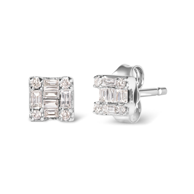 Bids.com 10K White Gold 1/7 Cttw Round and Baguette Diamond Mosaic Square Stud Earrings (H-I Color, I1-I2 Clarity) Earrings White Smoke White.Gold / 0.144