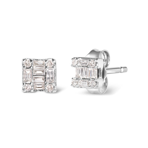 Bids.com 10K White Gold 1/7 Cttw Round and Baguette Diamond Mosaic Square Stud Earrings (H-I Color, I1-I2 Clarity) Earrings White Smoke White.Gold / 0.144