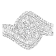 Bids.com 14K White Gold 1 Cttw Baguette and Round Diamond Floral Swirl Cluster Cocktail Ring Rings White Smoke 7 / White.Gold,7.25 / White.Gold,6.75 / White.Gold