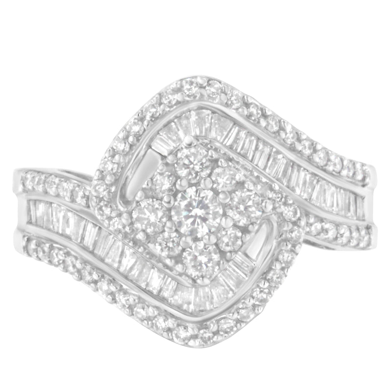 Bids.com 14K White Gold 1 Cttw Baguette and Round Diamond Floral Swirl Cluster Cocktail Ring Rings White Smoke 7 / White.Gold,7.25 / White.Gold,6.75 / White.Gold