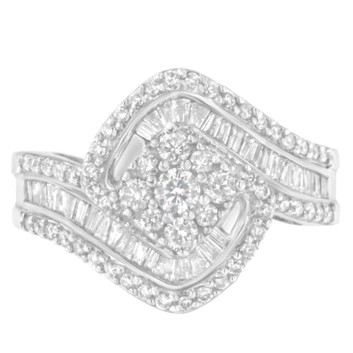 Bids.com 14K White Gold 1 Cttw Baguette and Round Diamond Floral Swirl Cluster Cocktail Ring Rings White Smoke 7 / White.Gold,7.25 / White.Gold,6.75 / White.Gold