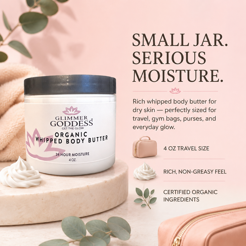 Glimmer Goddess® Organic Skin Care Organic Whipped Body Butter 4 oz – Travel Size Lotions & Creams Misty Rose Lavender Lemon - Best Seller,Autumn Breeze,Blood Orange,Candy Cane,Caribbean Breeze,Christmas Cookie,Cinnamon Apple Cider,Citrus Basil,Citrus Mango,Coastal Reverie,Coconut,Coconut Lime,Coconut Vanilla,Evening Snow,Frankincense & Myrrh,Honeysuckle,Jasmine,