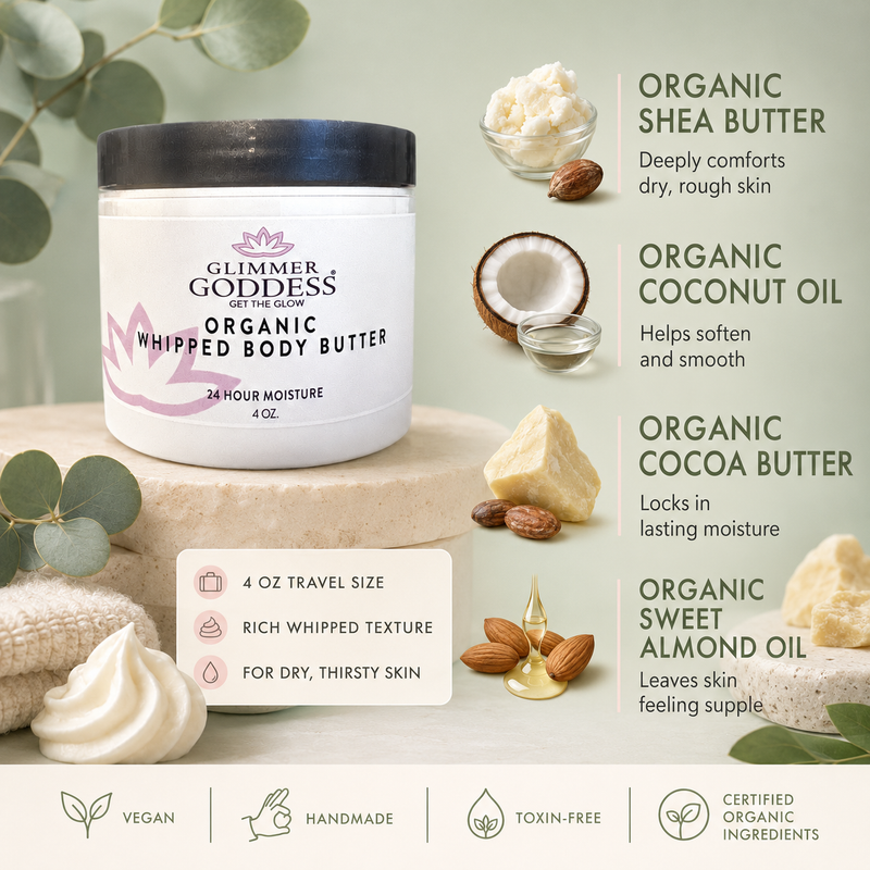 Glimmer Goddess® Organic Skin Care Organic Whipped Body Butter 4 oz – Travel Size Lotions & Creams Gray Lavender Lemon - Best Seller,Autumn Breeze,Blood Orange,Candy Cane,Caribbean Breeze,Christmas Cookie,Cinnamon Apple Cider,Citrus Basil,Citrus Mango,Coastal Reverie,Coconut,Coconut Lime,Coconut Vanilla,Evening Snow,Frankincense & Myrrh,Honeysuckle,Jasmine,