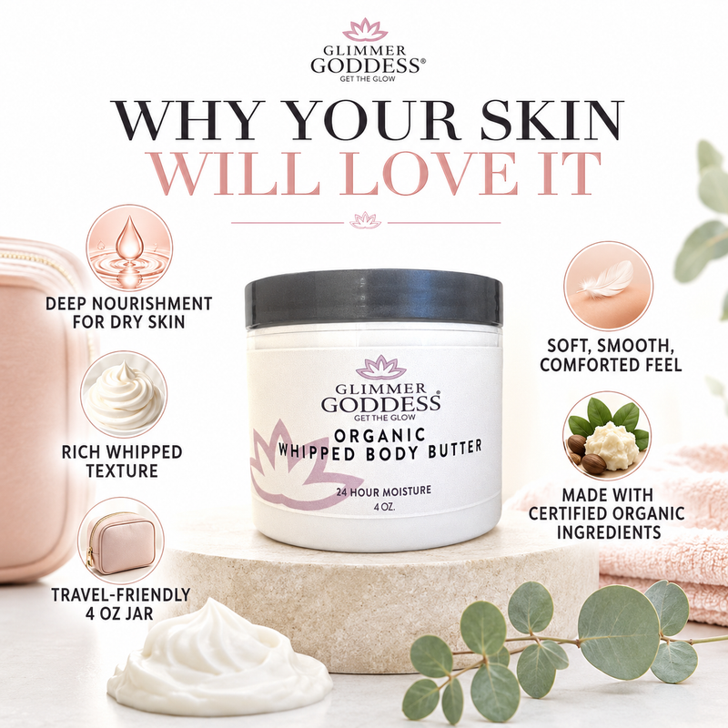 Glimmer Goddess® Organic Skin Care Organic Whipped Body Butter 4 oz – Travel Size Lotions & Creams White Smoke Lavender Lemon - Best Seller,Autumn Breeze,Blood Orange,Candy Cane,Caribbean Breeze,Christmas Cookie,Cinnamon Apple Cider,Citrus Basil,Citrus Mango,Coastal Reverie,Coconut,Coconut Lime,Coconut Vanilla,Evening Snow,Frankincense & Myrrh,Honeysuckle,Jasmine,