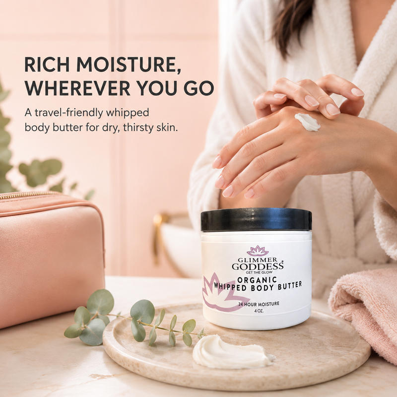 Glimmer Goddess® Organic Skin Care Organic Whipped Body Butter 4 oz – Travel Size Lotions & Creams Bisque Lavender Lemon - Best Seller,Autumn Breeze,Blood Orange,Candy Cane,Caribbean Breeze,Christmas Cookie,Cinnamon Apple Cider,Citrus Basil,Citrus Mango,Coastal Reverie,Coconut,Coconut Lime,Coconut Vanilla,Evening Snow,Frankincense & Myrrh,Honeysuckle,Jasmine,
