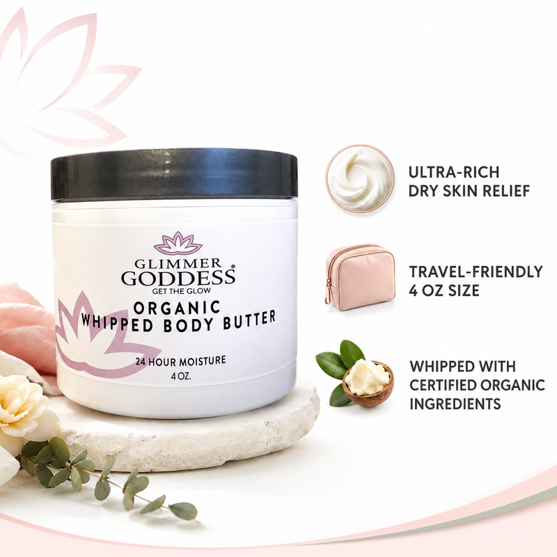 Glimmer Goddess® Organic Skin Care Organic Whipped Body Butter 4 oz – Travel Size Lotions & Creams White Smoke Lavender Lemon - Best Seller,Autumn Breeze,Blood Orange,Candy Cane,Caribbean Breeze,Christmas Cookie,Cinnamon Apple Cider,Citrus Basil,Citrus Mango,Coastal Reverie,Coconut,Coconut Lime,Coconut Vanilla,Evening Snow,Frankincense & Myrrh,Honeysuckle,Jasmine,