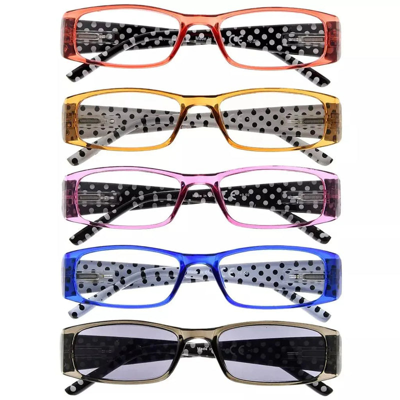 eyekeeper.com 5 Pack Polka Dots Rectangle Reading Glasses R006P Eyeglasses White Smoke 5 Pairs Mix / +0.50,5 Pairs Mix / +0.75,5 Pairs Mix / +1.00,5 Pairs Mix / +1.25,5 Pairs Mix / +1.50,5 Pairs Mix / +1.75,5 Pairs Mix / +2.00,5 Pairs Mix / +2.25,5 Pairs Mix / +2.50,5 Pairs Mix / +2.75,5 Pairs Mix / +3.00,5 Pairs Mix / +3.50,5 Pairs Mix / +