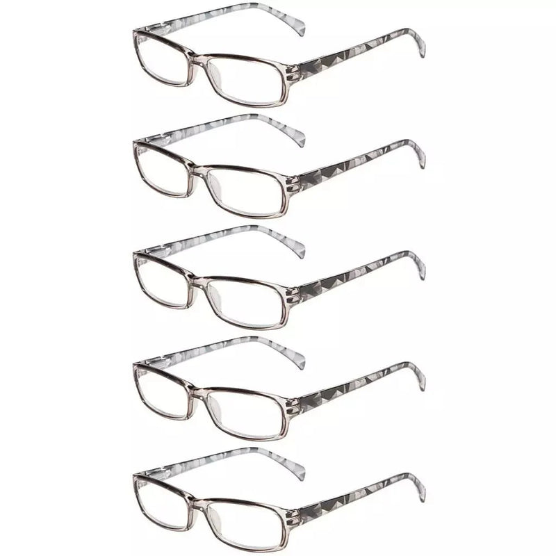 eyekeeper.com 5 Pack Rectangle Reading Glasses with Pattern Temples RT1803 Eyeglasses White Smoke Grey-5pcs / +0.50,Grey-5pcs / +0.75,Grey-5pcs / +1.00,Grey-5pcs / +1.25,Grey-5pcs / +1.50,Grey-5pcs / +1.75,Grey-5pcs / +2.00,Grey-5pcs / +2.25,Grey-5pcs / +2.50,Grey-5pcs / +2.75,Grey-5pcs / +3.00,Grey-5pcs / +3.50,Grey-5pcs / +4.00