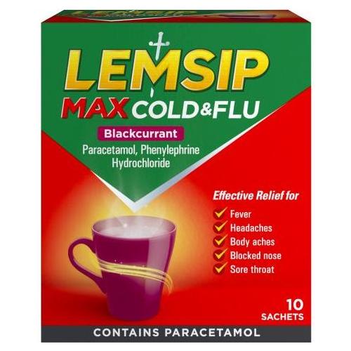 Lemsip Lemsip Max Cold & Flu Blackcurrant 10pk Cold & Flu Medicine Firebrick