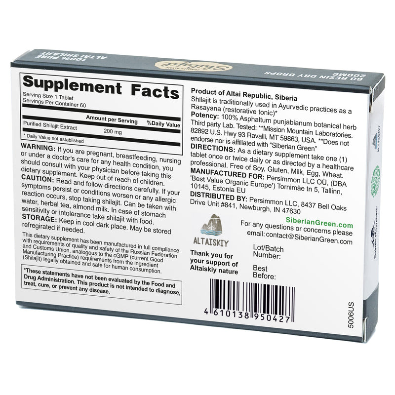 SiberianGreen.com Siberian Green Shilajit Dry Drops | Altai Golden Mountains | 60 x 200mg Herbs White Smoke