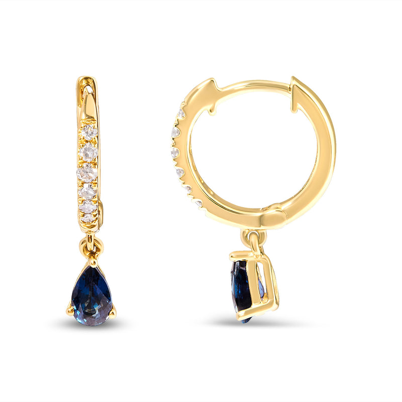 Bids.com 10K Yellow Gold Pear Blue Sapphire and 1/10 Cttw Diamond Drop and Dangle Huggy Hoop Earrings (H-I Color, I1-I2 Clarity) Earrings White Smoke Yellow.Gold / 0.118