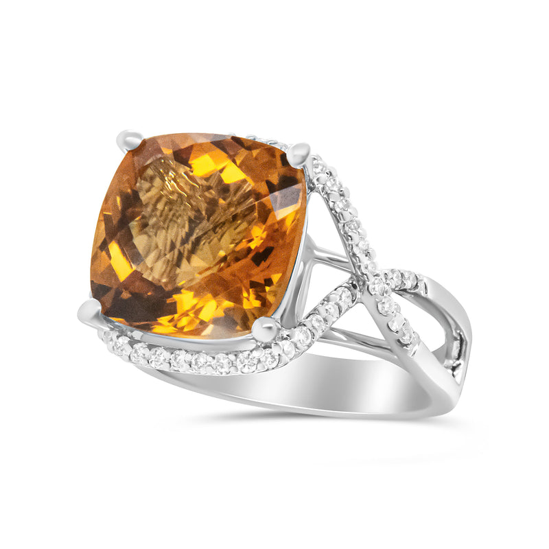 Bids.com 14K White Gold 12mm Cushion Cut Yellow Citrine Gemstone and 1/3 Cttw Round Pave-Set Diamond Ring - (H-I Color, VS1-VS2 Clarity)- Size 6.5 Rings White Smoke 6.5 / White.Gold