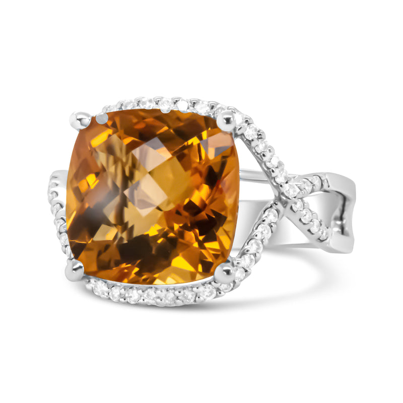Bids.com 14K White Gold 12mm Cushion Cut Yellow Citrine Gemstone and 1/3 Cttw Round Pave-Set Diamond Ring - (H-I Color, VS1-VS2 Clarity)- Size 6.5 Rings White Smoke 6.5 / White.Gold