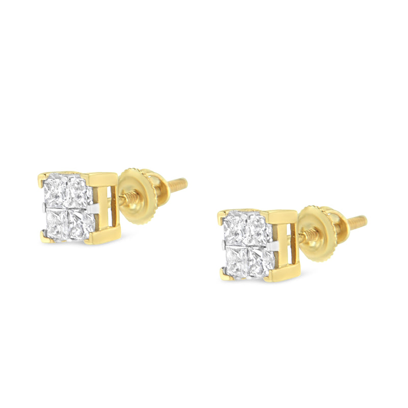 Bids.com 10K Yellow Gold 3/4 Cttw Invisible Set Princess-Cut Diamond Composite Square Stud Earrings (I-J Color, I2-I3 Clarity) Earrings White Smoke Yellow.Gold / 0.75